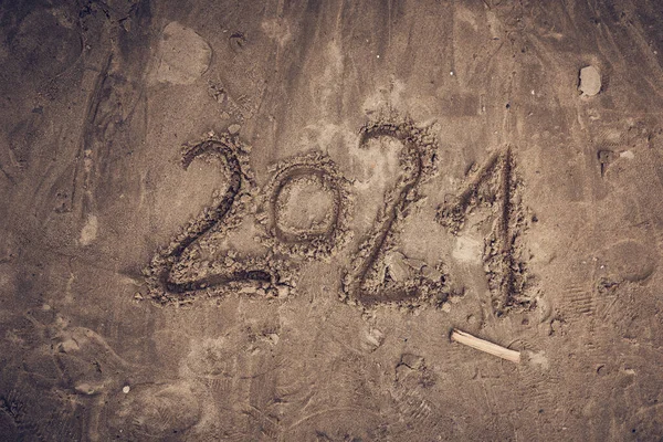 2021 Number Written Beach Sand Top View — Stock Photo, Image