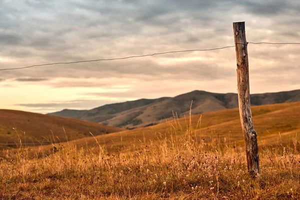 Poste Madera Alambre Metal Cercado Praderas Granja Lechera Región Zlatibor — Foto de Stock