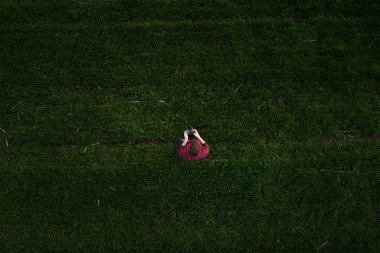 İnsansız hava aracının hemen üstündeki buğday tohumlama tarlasında uzaktan kumandalı çiftçi görüntüsü.