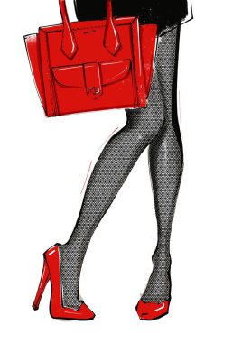 Kadının bacakları yüksek topuklu ve kırmızı çanta.