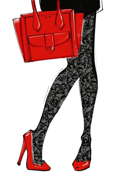 Kadının bacakları yüksek topuklu ve kırmızı çanta. — Stok fotoğraf