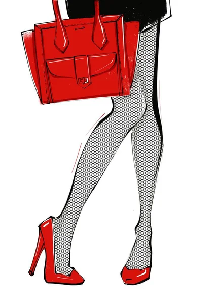 Mujeres piernas en tacones altos y una bolsa roja . — Foto de Stock