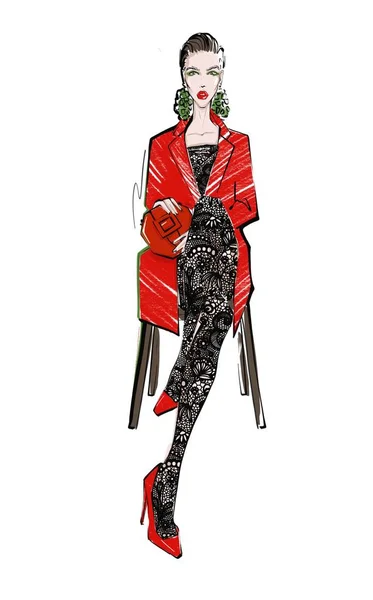 Mädchen Jacke Sitzt Auf Dem Stuhl Mode Illustration — Stockfoto