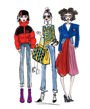 Moda kız doodle kroki.