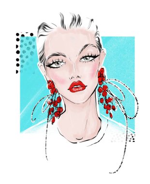 büyük kırmızı küpe ile kız illüstrasyon