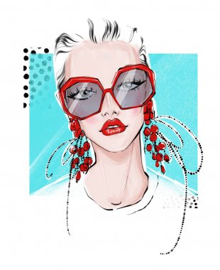 büyük kırmızı küpe ve gözlüklü kız illüstrasyon