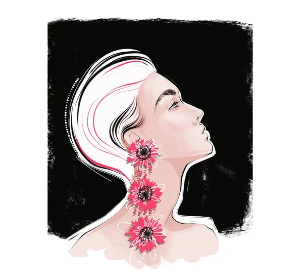 Ilustración de mujer con pendientes grandes con flores —  Fotos de Stock