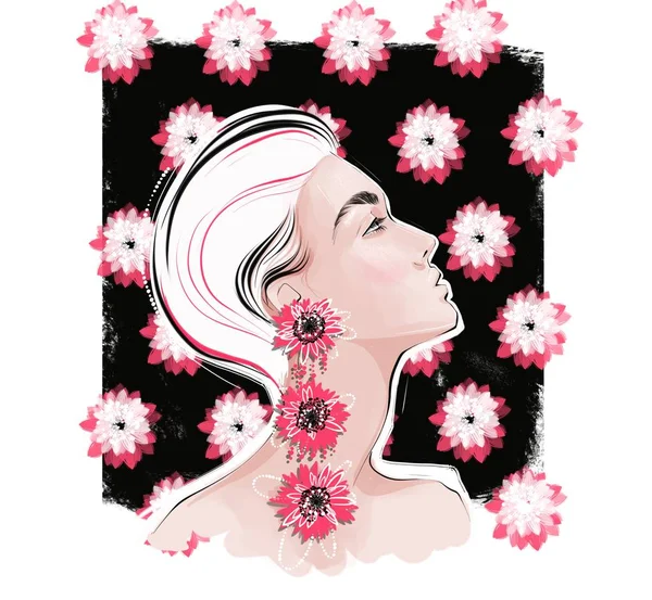 Illustration of woman with big earrings with flowers — Stock Photo, Image