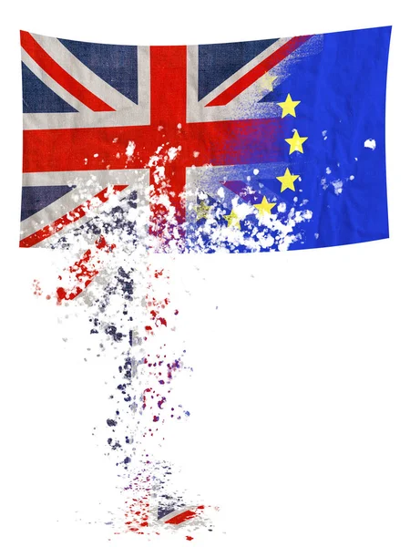 Brexit, EU UK negotiation turning to dust, falling apart. Flags over white.