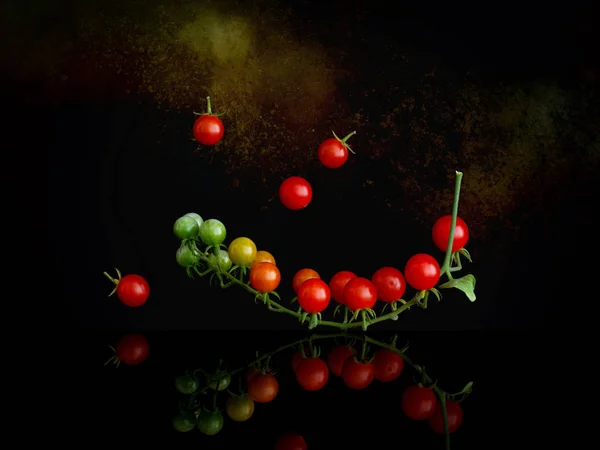 在藤上的小红醋栗西红柿簇, pimpinellifolium, 在发亮的表面和暗背景。静物. — 图库照片