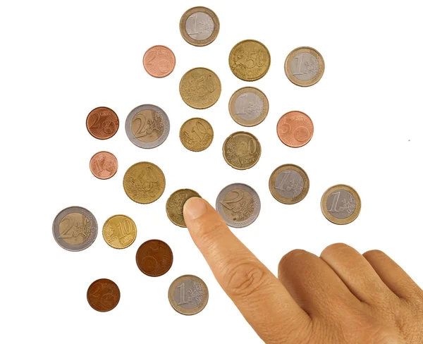 Зрілі, жінка рука підрахунку копійки, невелика зміна. Концепція бідності. Європейська монети євро, ізольовані на білому. — стокове фото