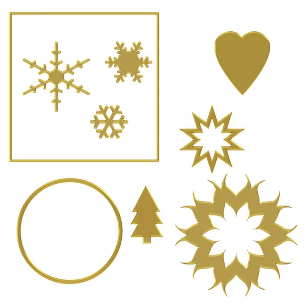 Assorted festive elements with gold effect, isolated on white background with chiselled effect fancy edge. Heart, circle, snowflake, star, Christmas tree etc. — Stock Photo, Image