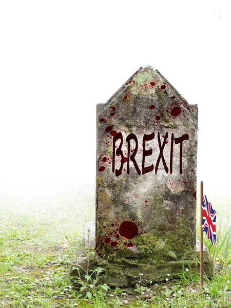 Brexit döda, Storbritannien politik. Gammal gravsten i dimma, med blod och bedraggled flagga. — Stockfoto