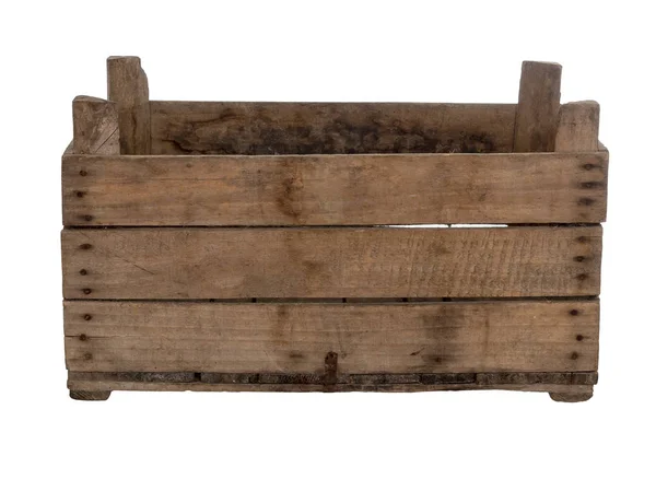 Oude houten doos, krat, geïsoleerd op wit. Vooraanzicht, leeg. — Stockfoto