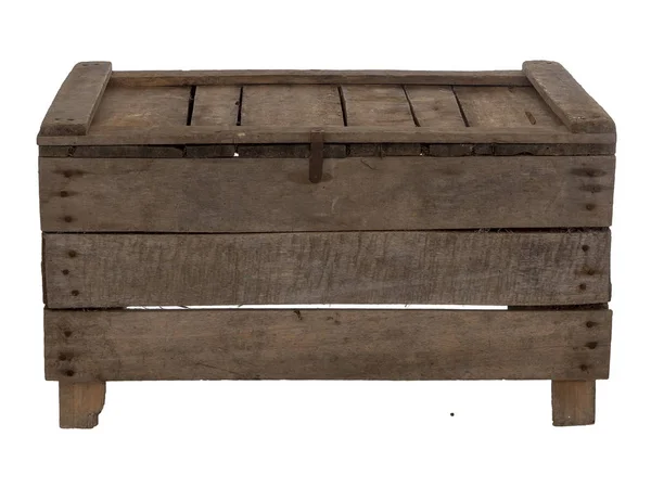 Oude houten doos, krat, geïsoleerd op wit. Ondersteboven, leeg. — Stockfoto