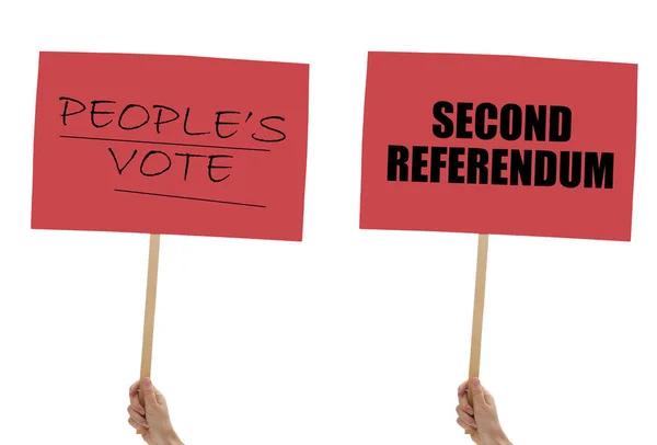 英国退欧横幅, 手中的标语牌被孤立在白色。留下, 第二次公民投票. — 图库照片