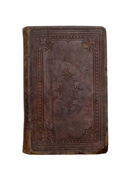 Vecchio, antico libro con copertina in pelle indossata isolato su sfondo bianco. Vintage . — Foto Stock