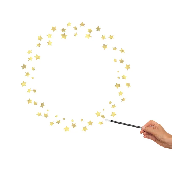 Magic wand in hand with gold stars for frame, border. White background. — Stock Photo, Image