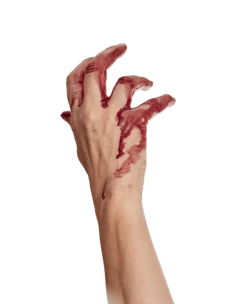 Bloody hand, reaching, isolated on white. Female. — Stock Photo, Image