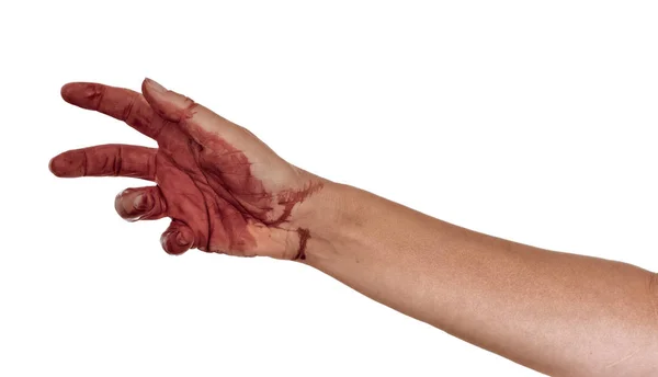 Bloody hand, reaching, palm facing, isolated on white. Female. — Stock Photo, Image