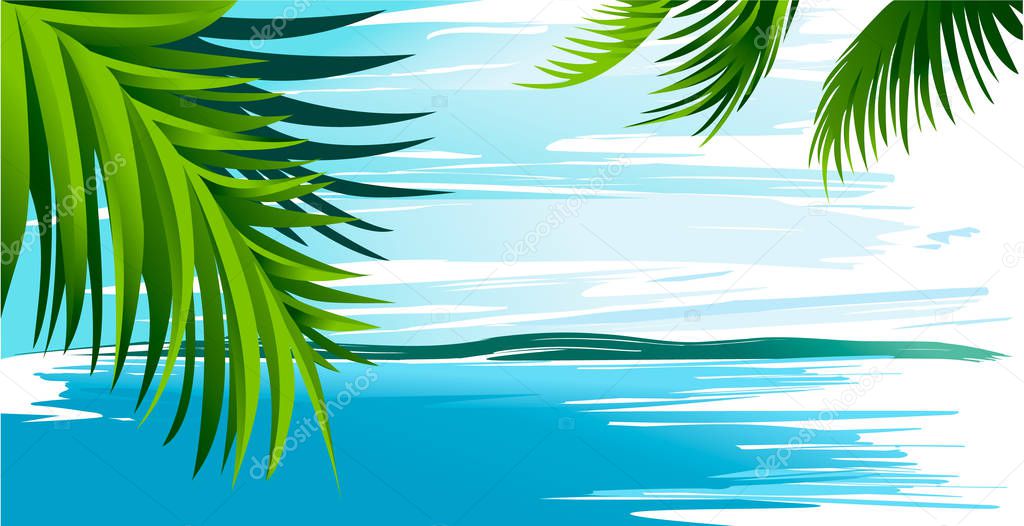 Holiday background with  ocean and palm leaves