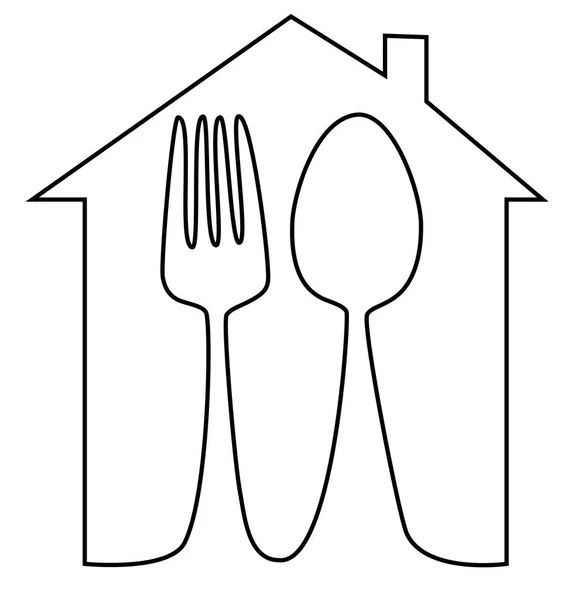 Ikon Makanan Rumah Dengan Sendok Dan Garpu Satu Garis Gambar - Stok Vektor