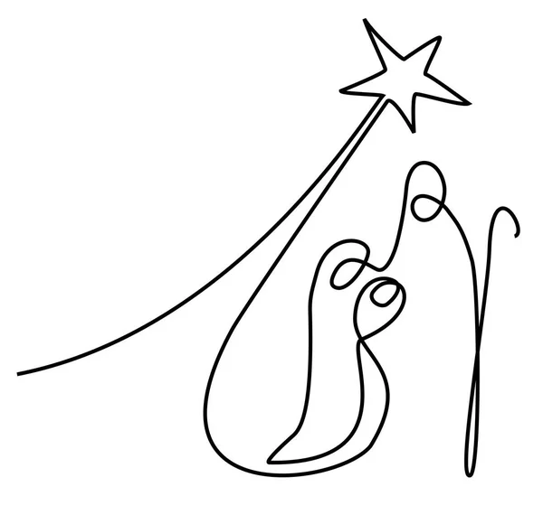 神聖な家族の つ線画のみのキリスト降誕のシーン — ストックベクタ