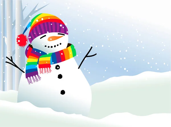 虹のスカーフで雪だるまクリスマス背景 — ストックベクタ