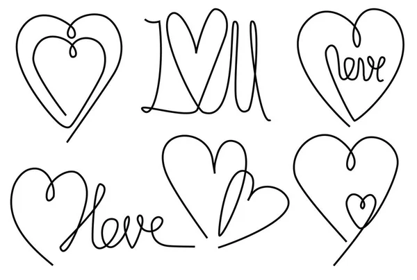 Set One Line Drawing Valentines Hearts — Stock Vector