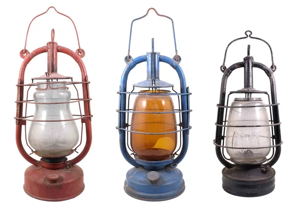 Drie Antieke Lampen Van Diverse Soorten Kleuren Geïsoleerd Wit — Stockfoto