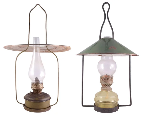 Dvě Starožitné Lampy Různých Druhů Barev Izolované Bílém — Stock fotografie