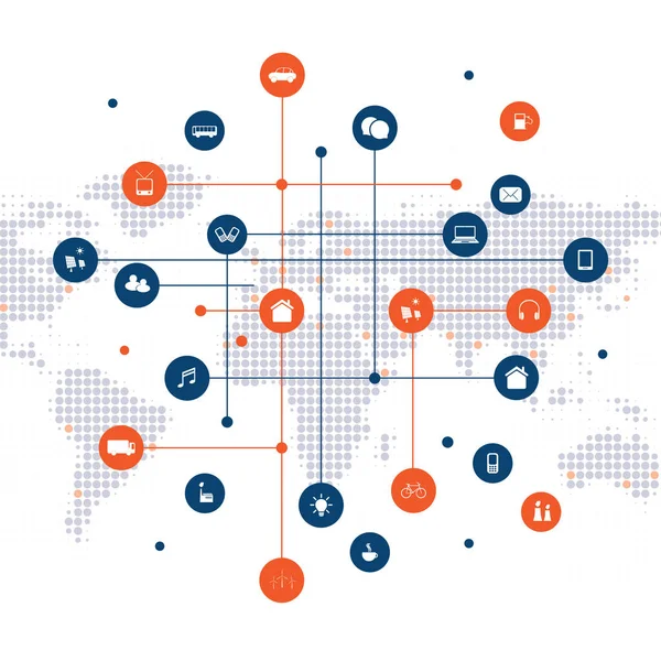 スマートシティ、クラウドコンピューティングはネットワーク アイコン - デジタル ネットワーク接続技術の背景とデザイン コンセプト メッシュし、世界地図を発見 — ストックベクタ