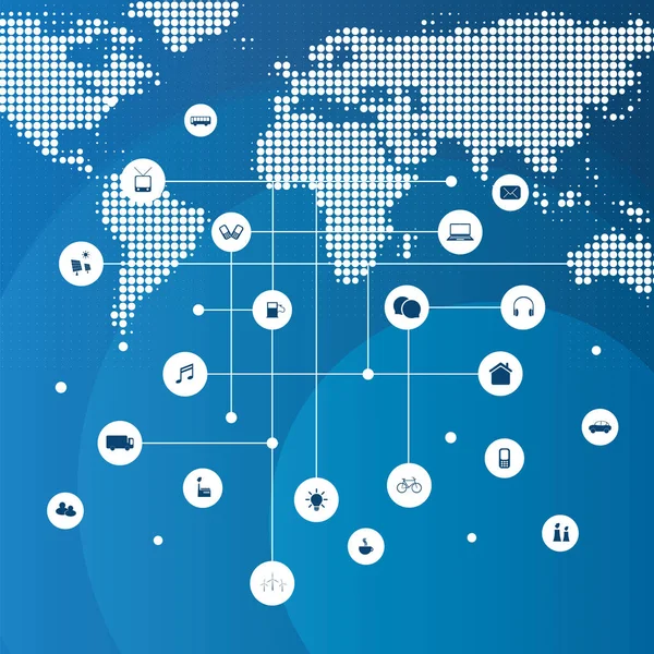 Smart City, Cloud Computing koncepcja ikony - cyfrowa sieć połączeń, technologia tło z mapa łaciate świata — Wektor stockowy