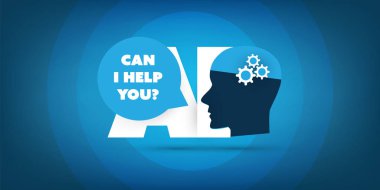 Yardımcı olabilir miyim? -AI yardım, destek, dijital cihazı, otomatik insan kafası ile derin öğrenme ve gelecekteki teknoloji konsept tasarımı