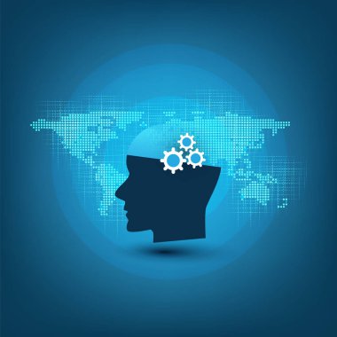Destek yardım ve ağlar tasarım konsepti Dünya Haritası ve insan kafası ile makine yapay zeka, öğrenme, Cloud Computing, otomatik