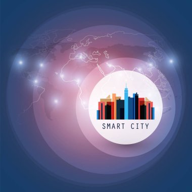 Renkli akıllı şehir, bulut bilgisayar tasarım kavramı - dijital ağ bağlantıları, teknolojik altyapı ile Dünya Haritası