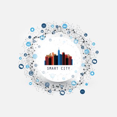 Renkli akıllı şehir, tasarım konsepti simgeler - dijital ağ bağlantıları, teknolojik altyapı ile bulut