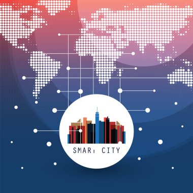 Akıllı şehir, bulut bilgisayar tasarım kavramı - dijital ağ bağlantıları, teknolojik altyapı ile benekli Dünya Haritası