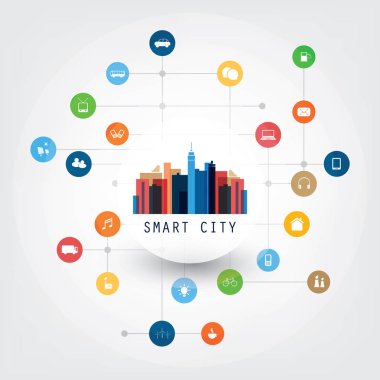 Renkli akıllı şehir, tasarım konsepti simgeler - dijital ağ bağlantıları, teknolojik altyapı ile bulut