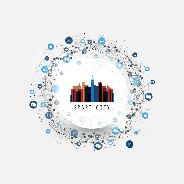 Colorful Smart City, Cloud Computing Design Concept with Icons - Digital Network Connections, Technology Background - Stok Vektor