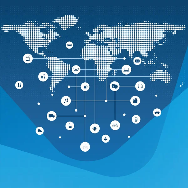 物事のインターネット スマート技術、クラウド コンピューティングの設計概念で斑点を付けられた世界地図とアイコン - グローバル デジタル ネットワーク接続技術の背景 — ストックベクタ