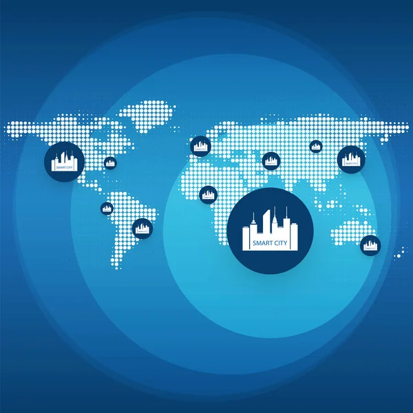 Smart City, Cloud Computing Design Concept met pictogrammen - digitale netwerkverbindingen, technische achtergrond met gevlekte wereldkaart — Stockvector
