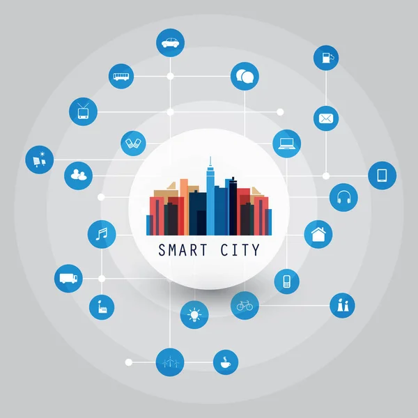 Colorful Smart City, Cloud Computing Design Concept with Icons - Digital Network Connections, Technology Background — Stock Vector