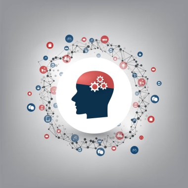 Soyut makine ve derin öğrenme, yapay zeka, bulut bilgisayar ve tasarım konsepti simgeler ve insan kafası ile iletişim