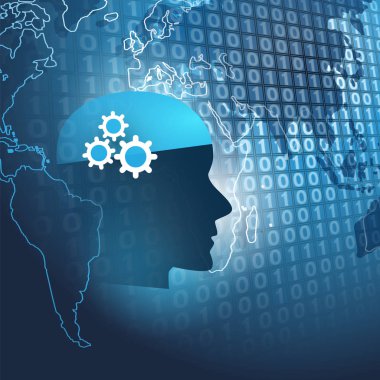 Modern stil fütüristik makine ve derin öğrenme, yapay zeka tasarım konsepti ile 3d dijital bit desenli arka plan ve insan kafası