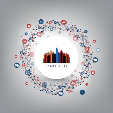 Renkli akıllı şehir, tasarım konsepti simgeler - dijital ağ bağlantıları, teknolojik altyapı ile bulut