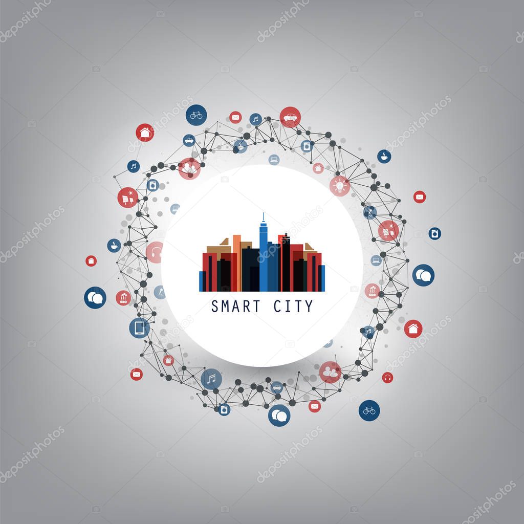 Colorful Smart City, Cloud Computing Design Concept with Icons - Digital Network Connections, Technology Background