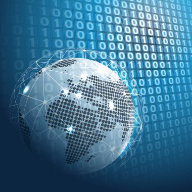 Fütüristik bulut ağ yapısı bilgi ve telekomünikasyon konsept tasarımı, dünya küre, geometrik kafes ve 3d dijital ikili kod ile dünya çapındaki bağlantıları duvar arka plan desenli
