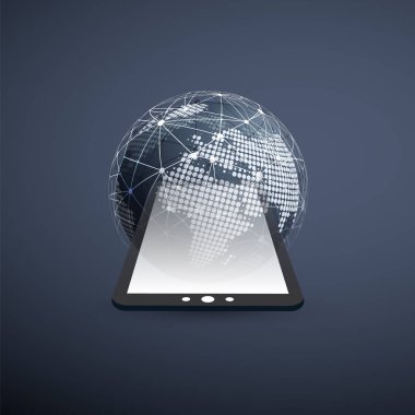 Dijital Ağ bağlantıları, teknolojik altyapı - Cloud Computing tasarım konsepti ile şeffaf geometrik tel kafes ve dünya küre