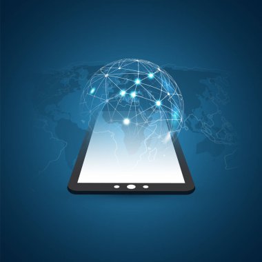 Dijital Ağ bağlantıları, teknolojik altyapı - Cloud Computing tasarım konsepti ile şeffaf geometrik tel kafes ve dünya küre